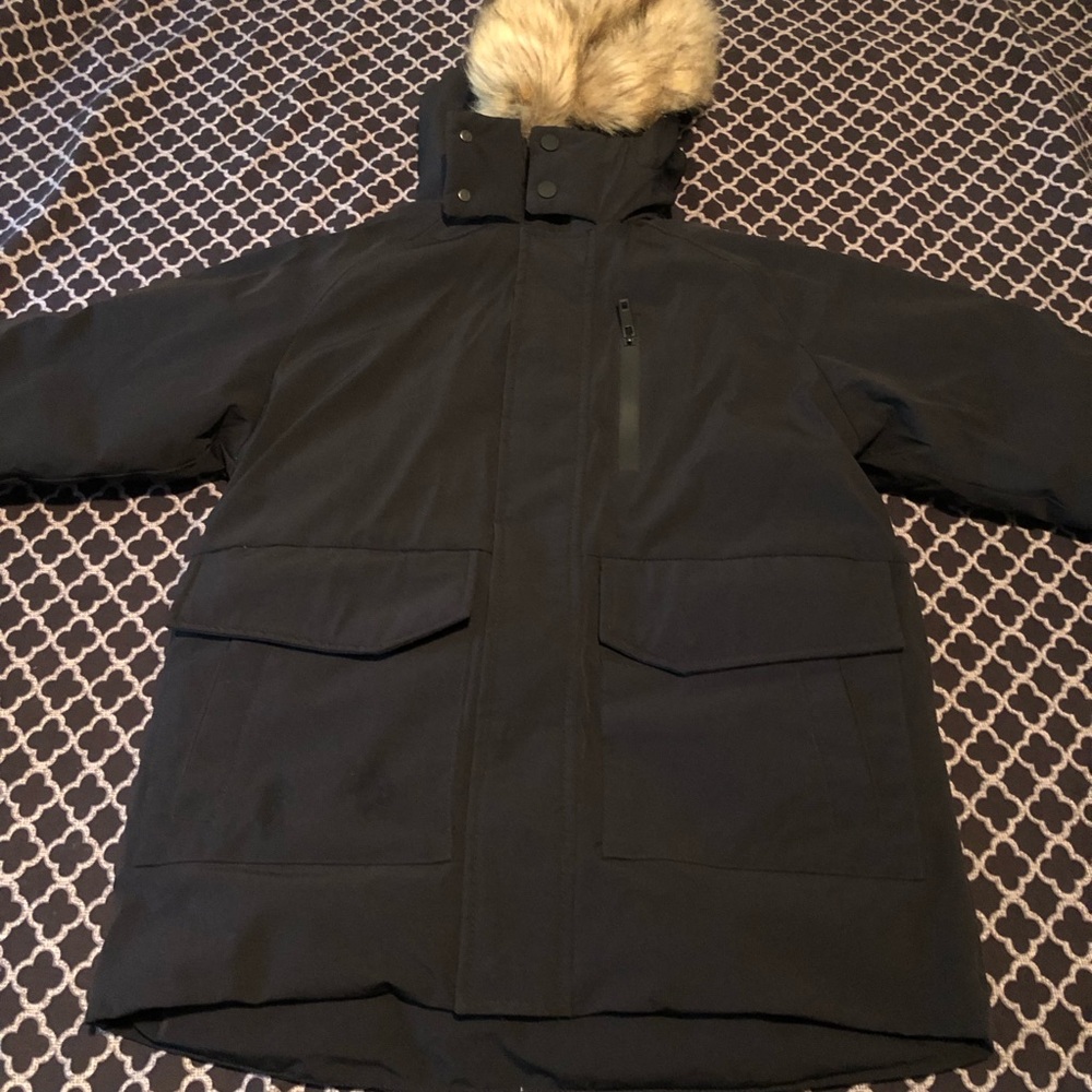 Zara Kids Boys Down Puffer Coat With Faux Fur Hood Black Elbow Full Zip Sz 9